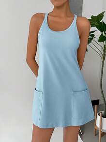 SHEIN EZwear Summer Women Plus Size Solid Color Sleeveless Slip Dress With Built-In Shorts, Casual Everyday Wear Baby Blue Dress Women