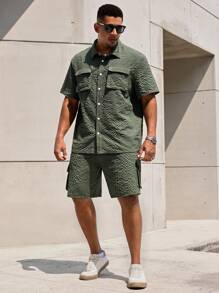 Manfinity CasualMax Plus Size Men's Solid Color Cargo Pocket Short Sleeve Shirt And Shorts Casual Set, Summer - Army Green - View 6