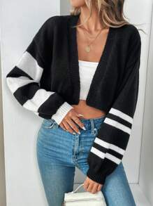 Chiquease 女士秋冬休闲条纹落肩长袖开衫毛衣，拼色 - 黑色 - 查看 5