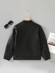 SHEIN 青少年男孩时尚 PU 皮夹克，秋冬款，适合万圣节派对 - 黑色 - 查看 2