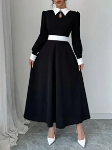 Selianne 女士撞色简约日常装领口长袖连衣裙长款女装 - 黑色 - 查看 3