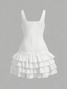SHEIN Leap Crew Robe de gâteau à couches blanche pour préadolescentes, robe de cérémonie de remise des diplômes à col carré sans manches - Blanc - Voir 2
