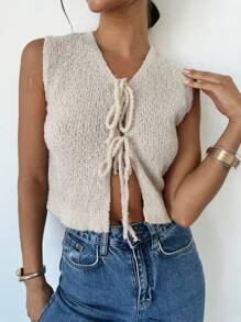 SHEIN Privé Women's Basic Casual Fashionable Elegant Front Tie Textured Knitted Sweater Vest - Apricot - View 8