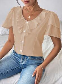 Chiquease Blusa casual con botones frontales, plisados y ribete de volantes de unicolor para mujer - Albaricoque - Ver 3