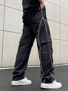 Claim Dot Men's Reflective Letter Patch Cargo Pants Baggy Long Slacks Plain Black Going Out, Men's Streetwear Cargo Pants, Cargo Pants