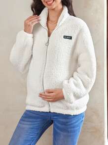 SHEIN Zwangerschaps Casual Ritssluiting Fluffy Losse Zwangerschaps Hoodie Jas, Voor de Winter