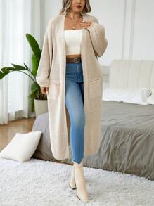 Áo khoác cardigan dáng dài tay dài dáng rộng, màu trơn, dáng rộng, thường ngày, tay dài, dáng rộng, cỡ lớn dành cho nữ, mùa thu/đông - Màu be - Xem 4