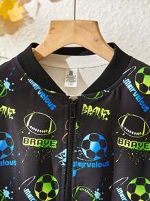 Chaqueta deportiva informal con patrón de fútbol fluorescente para niño preadolescente, adecuada para ir y venir, escuela, uso diario casual, deportes, temporada de otoño/invierno - Negro - Ver 6