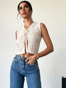 SHEIN Privé Women's Basic Casual Fashionable Elegant Front Tie Textured Knitted Sweater Vest - Apricot - View 6