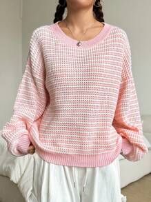 SHEIN Unity 女士撞色圆领长袖针织套头衫、长袖上衣 - 彩色 - 查看 4