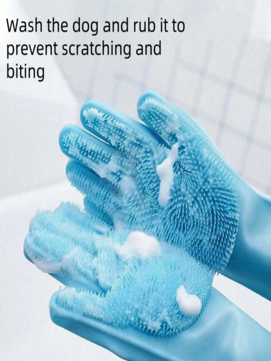 1 双加厚宠物美容手套，猫狗清洁手套带硅胶按摩刷，增强型五指设计 - 藍色 - 查看 1