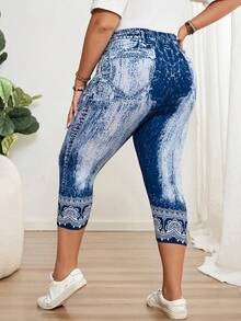 EMERY ROSE Plus Size Women's Denim Effect Print Leggings - Blue - View 5