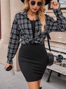 SHEIN LUNE Conjunto de 2 piezas para mujer con camisa de manga caída a cuadros y vestido casual