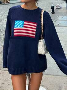 INAWLY Plus Size Crew Neck Long Sleeve American Flag Pattern Knitted Sweater Fall Winter Autumn - Royal Blue - View 4