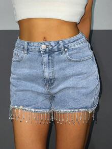 Women's Casual Denim Shorts With Pockets, Rhinestone Decor And Tassel Hem - Blue - View 3