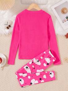2pcs Tween Girls Cloud Print Casual Snug Fit Long Sleeve Top And Pants Pajamas Set