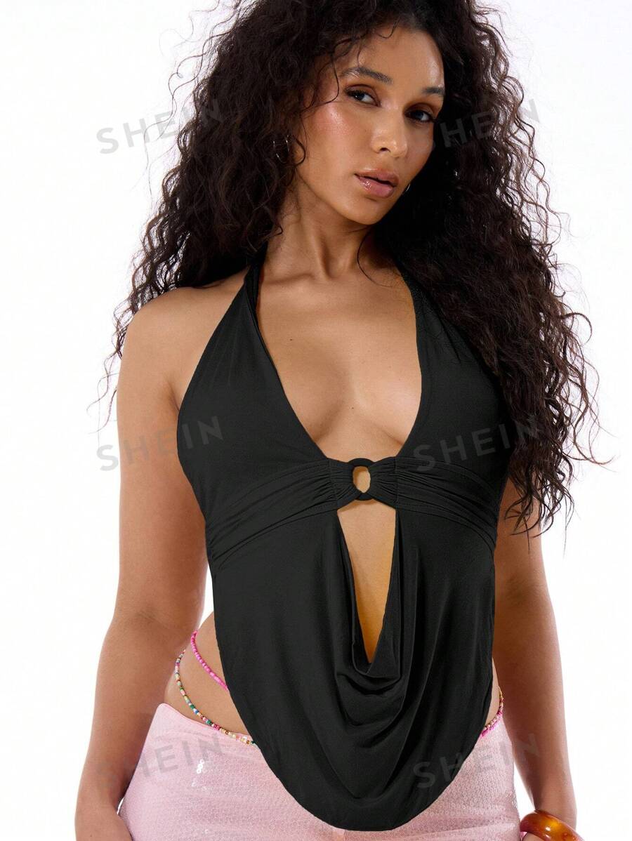 MUSERA Top halter drapeado y sexy para club, vacaciones de verano, Ibiza, ropa de playa bohemia, vacaciones en Ibiza, festival rave, club, estilo occidental
