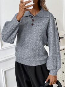 Calvaya Minimalist Polo Neck Button Down Twisted Floral Print Long Sleeve Knit Sweater