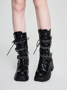 ROMWE Grunge Punk Giày bốt cao gót đế dày mũi kín phong cách Rock Punk Châu Âu & Mỹ màu đen có dây buộc, khóa thắt lưng, đế xuồng dành cho nữ, phong cách Gothic, thời trang đường phố, đinh tán, dài đến giữa bắp chân, Halloween mùa thu - màu đen - Xem 2