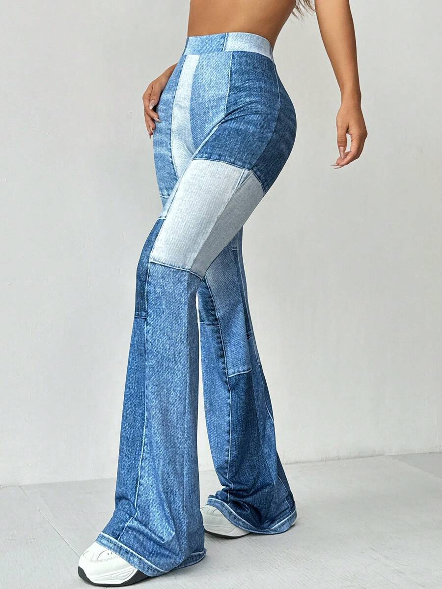 SHEIN Essnce 大码女式高弹力印花蓝色休闲裤，时尚