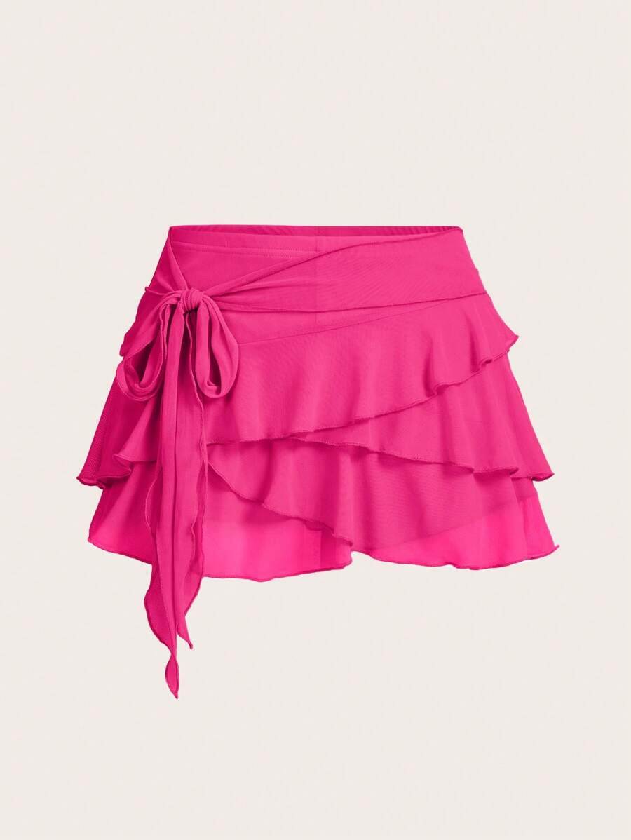 SHEIN ICON 女性多層荷葉邊低腰Y2K迷你黑色裙子 - 玫紅色 - 查看 1