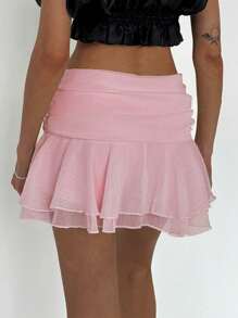 Aloruh Ultra Low Waist Ruffled Multi-Layer Flouncy Elegant Pink Mini Skirt With Textural Chiffon Fabric - Baby Pink - View 2