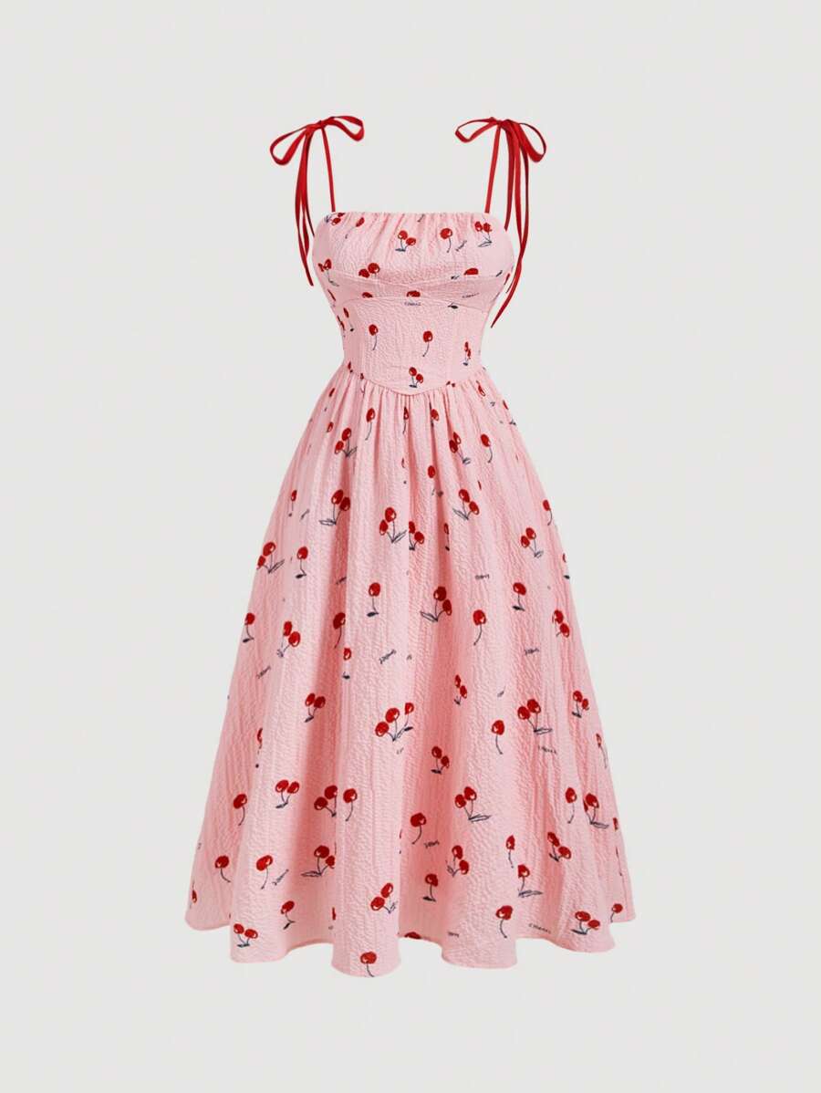 SHEIN MOD Plus Size Women's Cherry Pattern Maxi Slip Dress - Pink - View 1