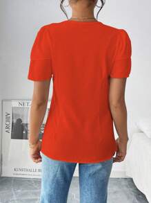 Chiquease Women's Solid Color Front Button Ruffle Trim Casual Short Sleeve Blouse - Orange - View 2