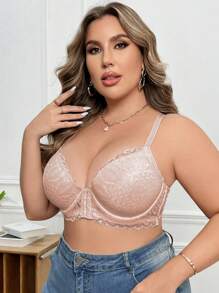 大码前扣式蕾丝边钢圈文胸 - 杏色 - 查看 3