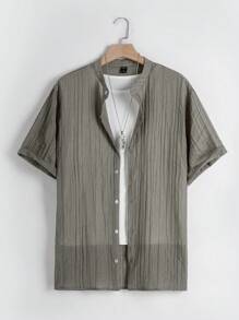 Manfinity Dauomo Áo sơ mi nam tay ngắn màu trơn mùa hè đơn ngực - Xám - Xem 1