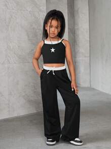SHEIN Tween Girl Summer Casual Sport Knit 2 In 1 Tank Tops & Sweatpants Sets,Star Print,2pcs,Back To School Clothes,Black,Halloween Tween Girl - Hot Pink - View 6