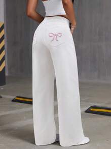 SHEIN ICON Embroidered Bow Distressed White Denim Jeans - White - View 2