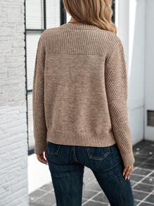 SHEIN LUNE 女士秋冬季 V 领镂空袖休闲保暖套头衫 - 卡其色 - 查看 2