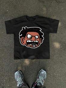 Manfinity Dauomo Men's Cartoon Print Crew Neck Short Sleeve T-Shirt, Summer - Black - View 1
