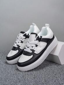少女休闲拼色时尚运动鞋，适合日常穿着，保护性鞋头设计，防滑橡胶鞋底，系带，运动鞋，适合各种场合 - 黑與白 - 查看 2