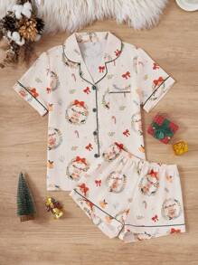 圣诞印花翻领短袖短裤泡泡雪纺睡衣套装 - 彩色 - 查看 1
