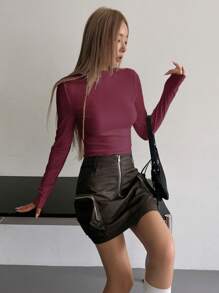 DAZY Camiseta de manga larga de cuello alto minimalista de unicolor casual para mujer