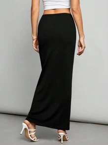 SHEIN Tall Women's Solid Color Casual Knitted High Waist Skirt