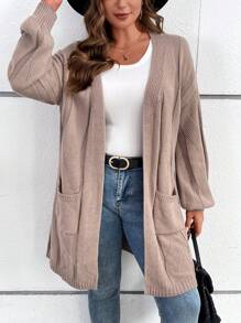 EMERY ROSE Plus Size Casual Winter Cable Knit Cardigan With Pocket Design For Warmth, Without Buttons. Suitable For Vacation, Outings, Work, And Shopping - Khaki - View 1