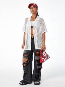 SHEIN EZwear 街头服饰纹理面料女士中性短袖衬衫，春/夏 - 白色 - 查看 7