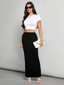 SHEIN Tall Women's Solid Color Casual Knitted High Waist Skirt