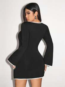 SHEIN ICON Plus Size Long Sleeve Fitted Color Block Flare Dress