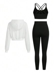 Easithlete Women's Sport Suit With Hooded Long Sleeve Top, Criss-Cross Strap Tank, & Slim Fit High Waisted Pants Outfit Tracksuits Women Set Workout Women Set Women Leggings Set - Multicolor - View 2