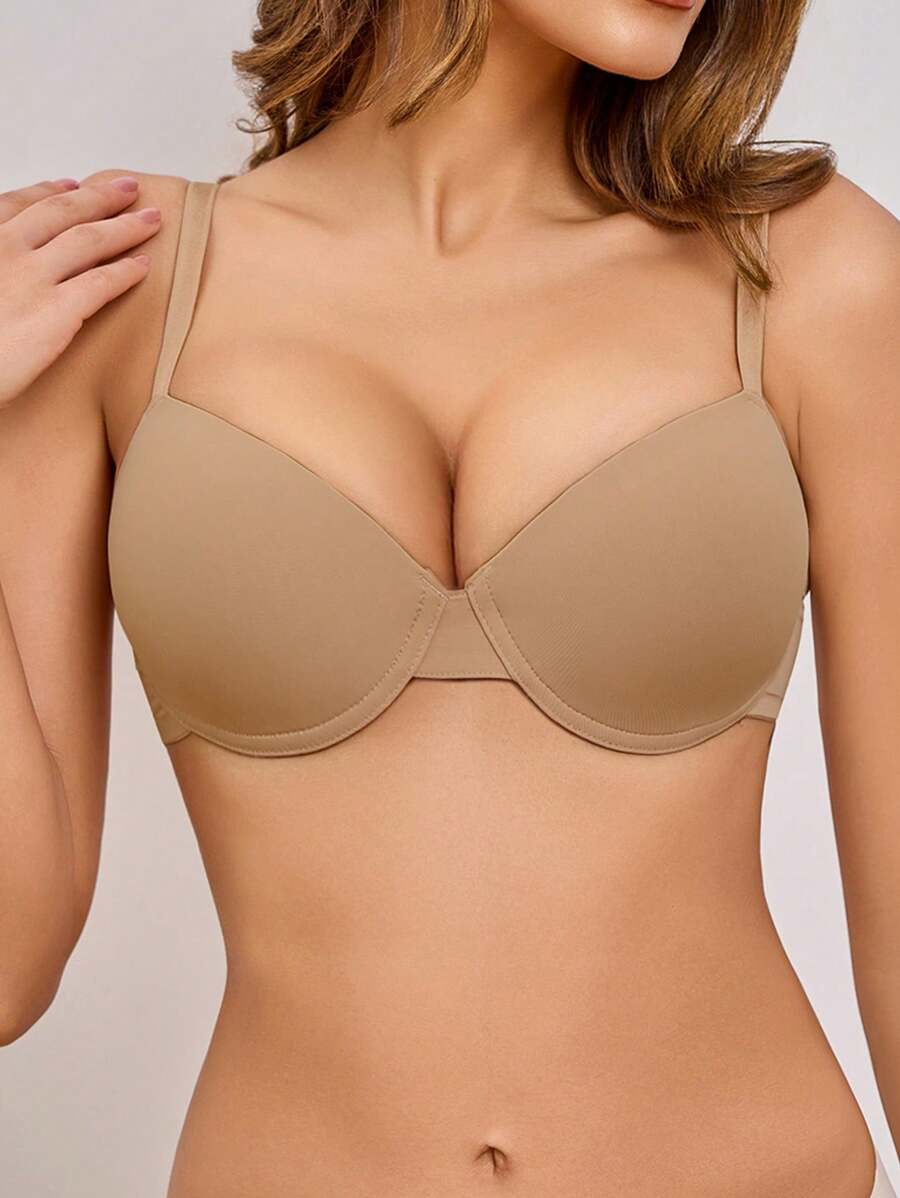 1pc Women's Solid Color Wire-Rimmed Bra - Khaki - View 1
