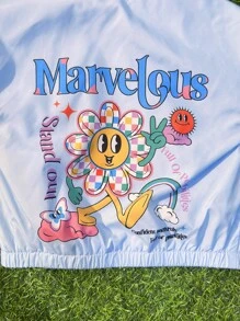 SHEIN Jachetă de vânt cu glugă cu imprimeu cu tablă de șah cu desene animate pentru fetițe, vară - Bleu - Vizualizare 3