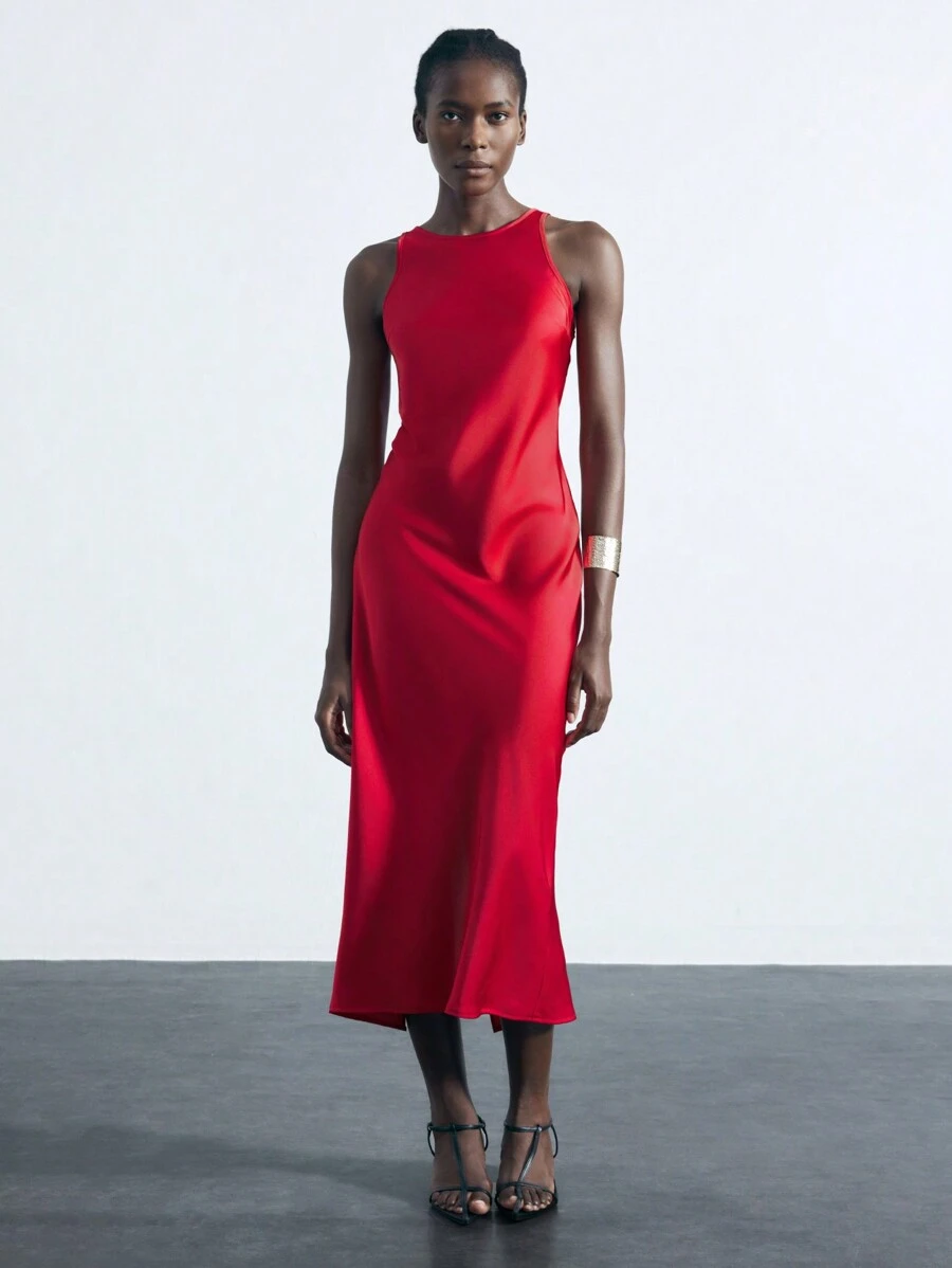 Maija 女士无袖迷人优雅红色长裙，非常适合春夏派对、节日、情人节 - 彩色 - 查看 1