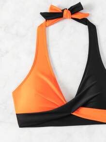 SHEIN Swim Women 2pcs Orange And Black Colorblock Bikini Set, Bathing Suit Summer - Multicolor - View 6
