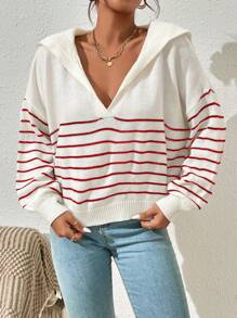 SHEIN Essnce V-Neck Long Sleeve Striped Minimalist Casual Blouse,Long Sleeve Tops In Fall/Winter - Red and White - View 4