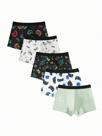 5pcs/Pack Tween Boys Simple Black, White, Gray Allover Print Gaming Element Breathable Briefs