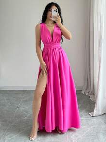 Rafferiza 欧美性感纯色 V 领开叉大腿宴会礼服配领带及地长裙女士服装 - 玫紅色 - 查看 5